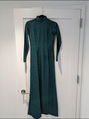 Teal Ao Dai Dress with Luster Floral Print